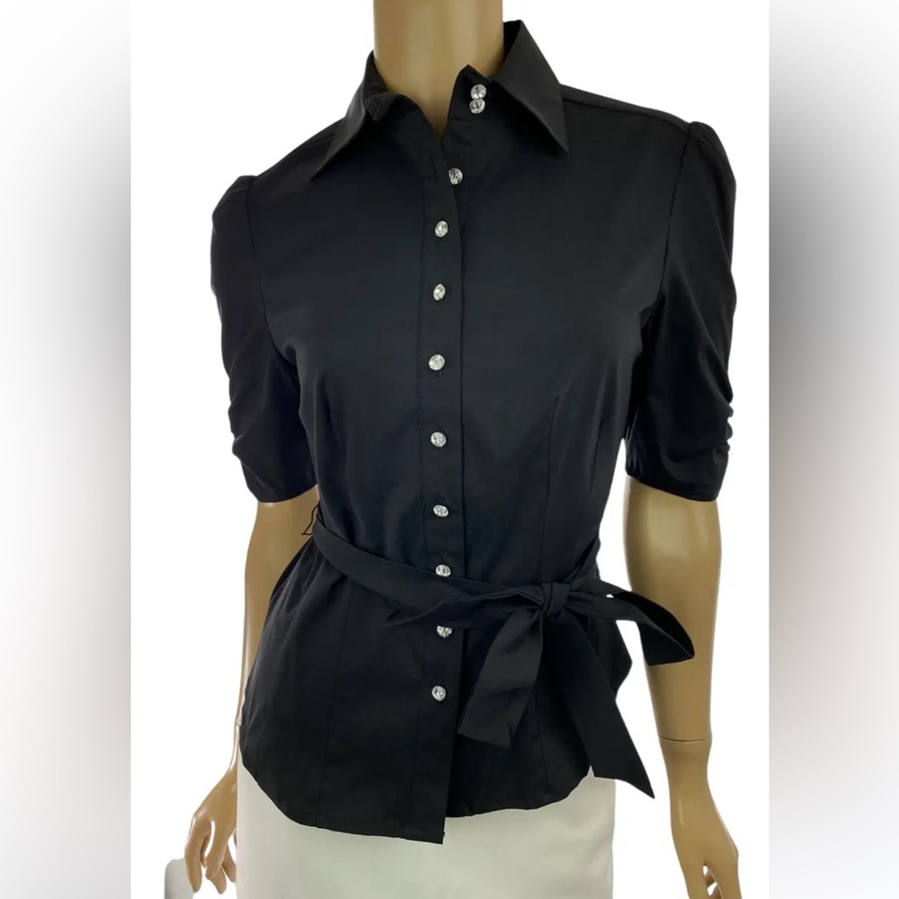 Adrianna Papell Size 10 Blouse Top Black w/ Crystal Buttons Tie at Waist